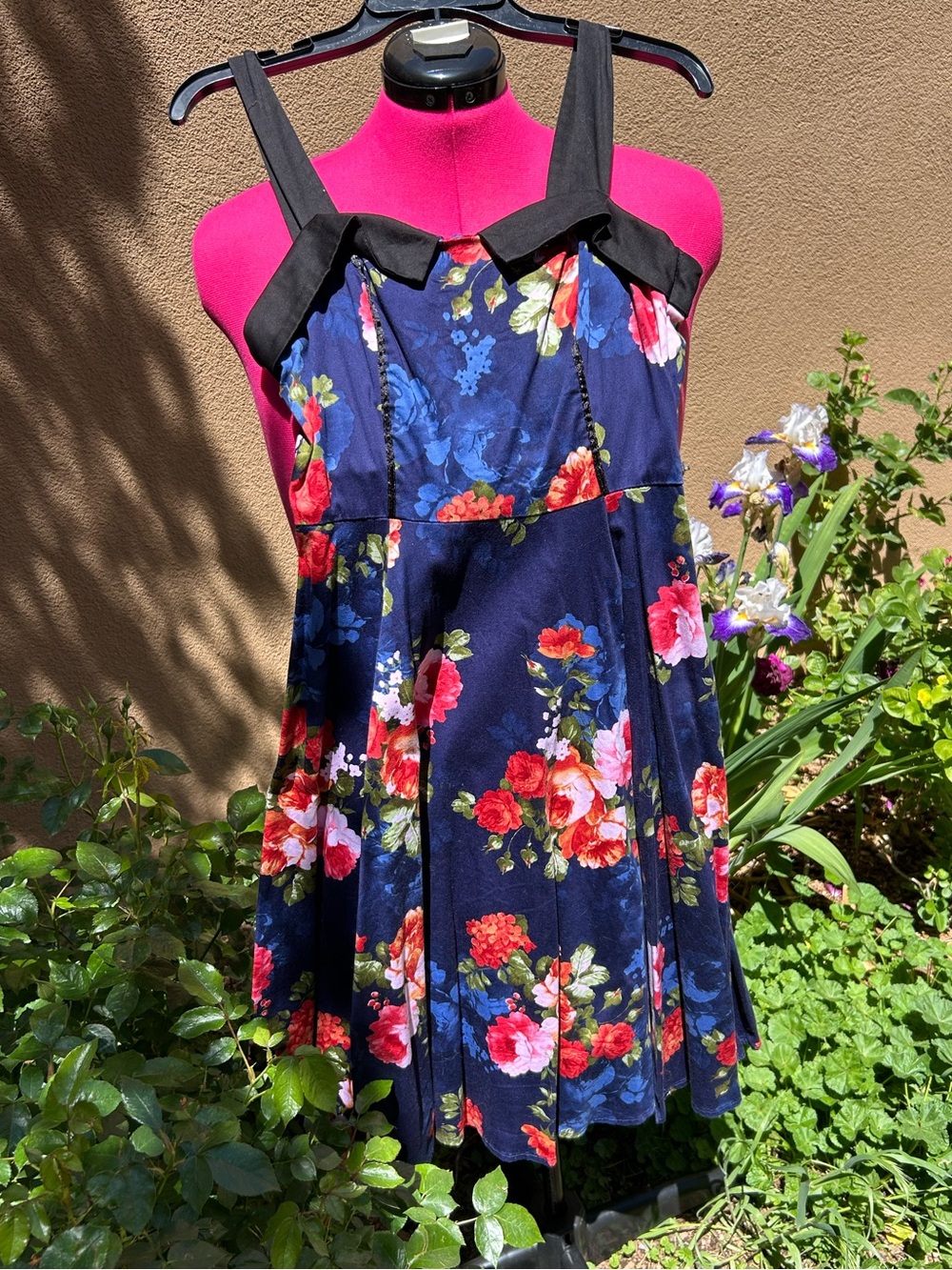 Hearts & Roses Navy Floral Fit & Flare Dress with Black Trim